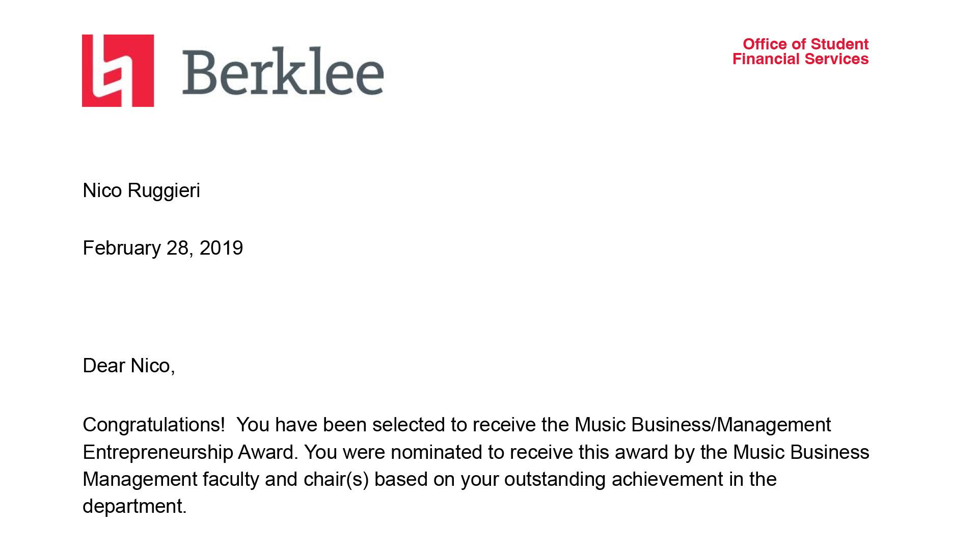 Berklee Entrepreneurship Award Letter