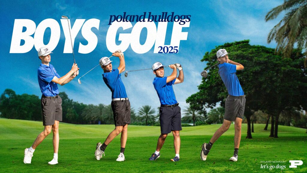 Four Poland boys golf players in blue shirts and gray shorts each shown mid-swing on a lush green course with palm trees and a bright blue s